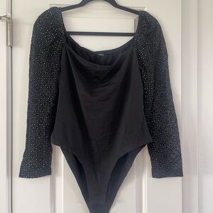 Black Long Sleeve Bodysuit with Beaded Sleeves
